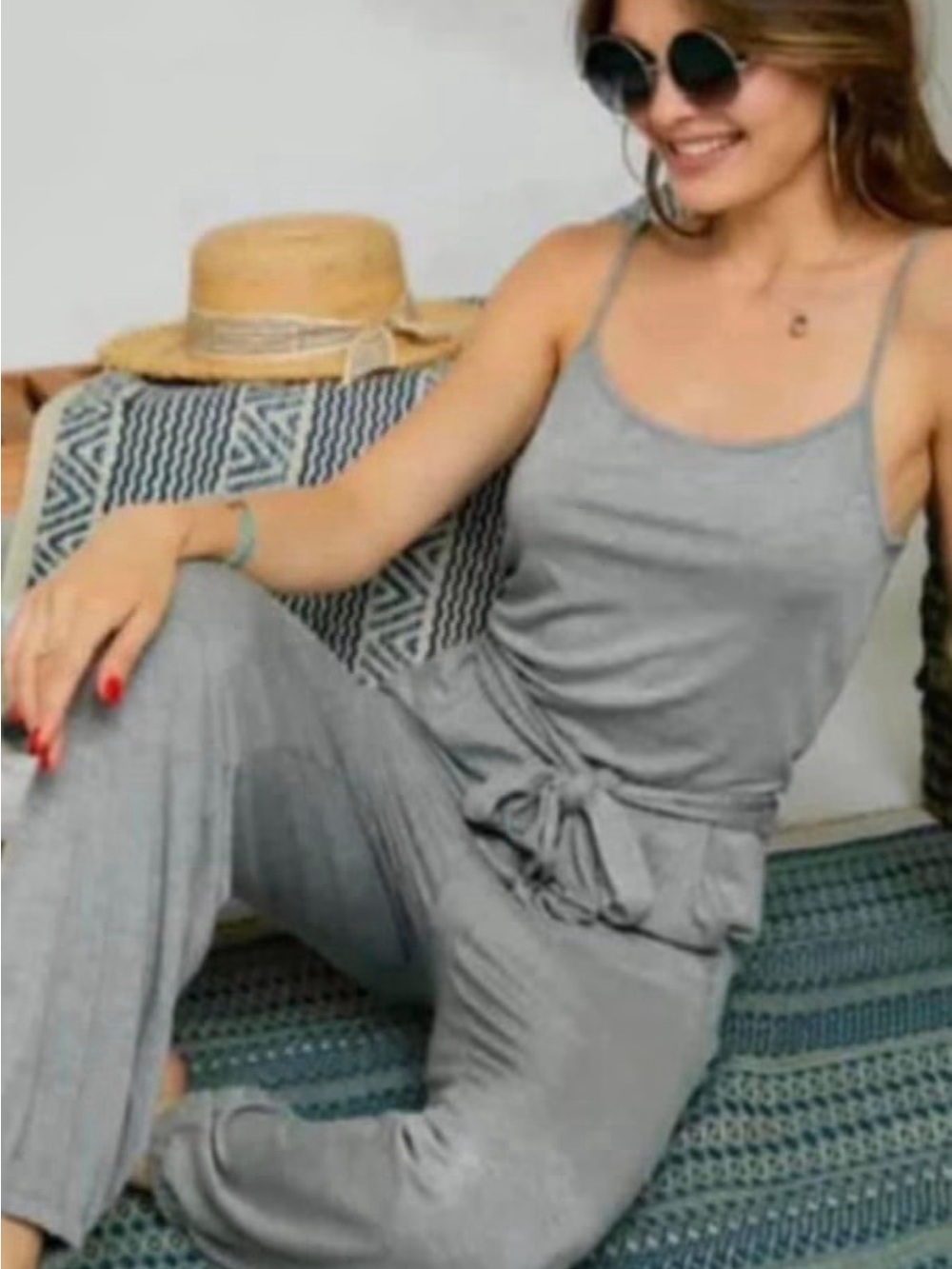 Grey Sleeveless Jumpsuit with Waist Tie